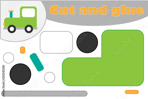 Locomotive in cartoon style, education game for the development of preschool children, use scissors and glue to create the applique, cut parts of the image and glue on the paper, vector illustration