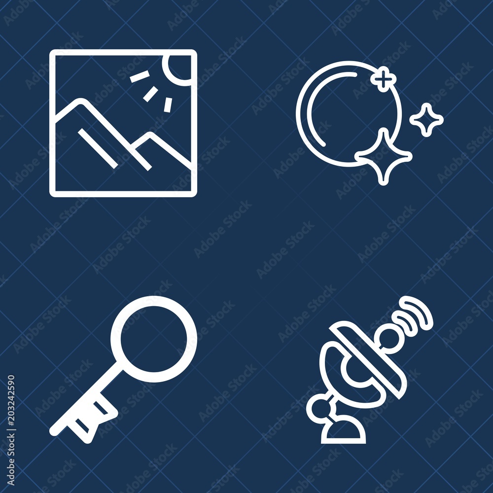 Fototapeta premium Premium set of outline vector icons. Such as astronomy, lock, beautiful, system, network, global, background, moon, unlock, communication, light, antenna, summer, wireless, technology, sign, door, key