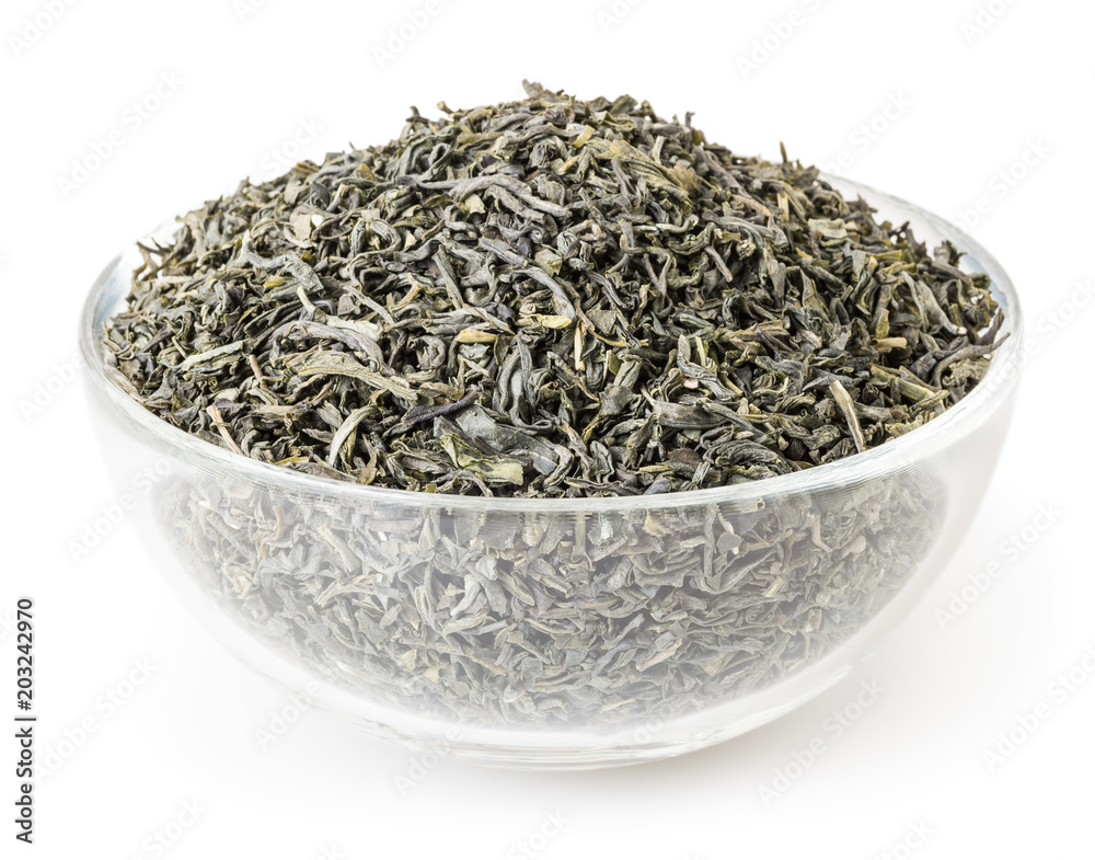 Green tea in glass bowl isolated on white background with clipping path Green tea in glass bowl isolated on white background with clipping path