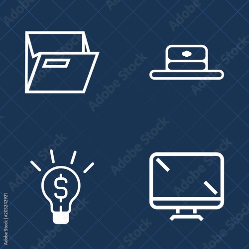Premium set of outline vector icons. Such as concept, inspiration, hat, modern, document, cover, folder, innovation, monitor, sign, empty, white, black, information, object, businessman, bulb, idea