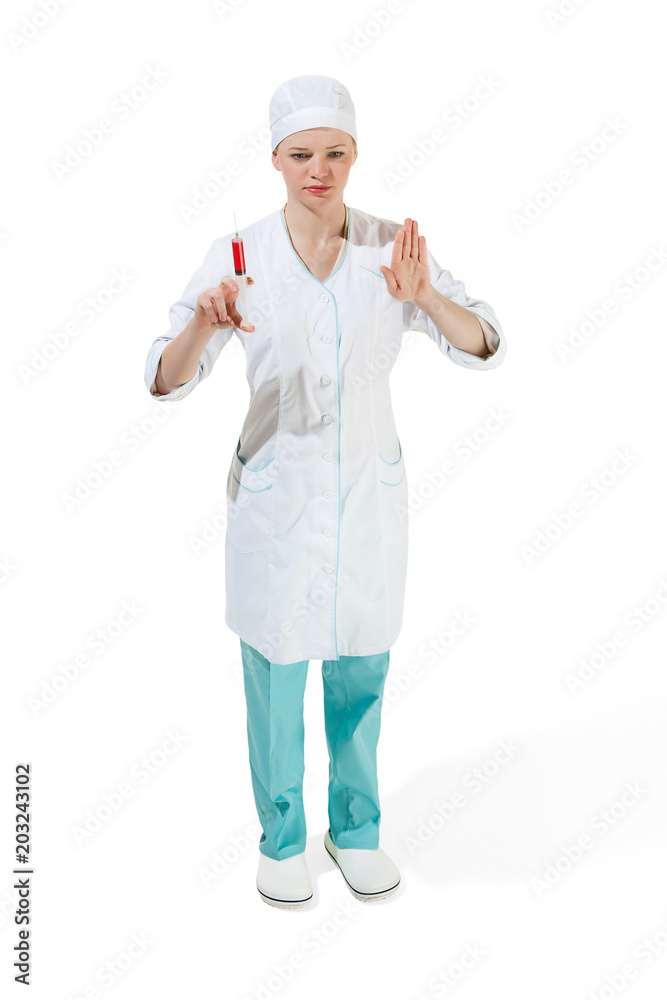 beautiful young woman doctor in medical robe holding syringe in hand.