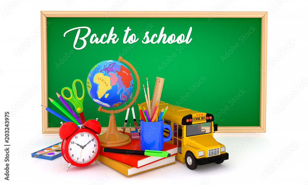 Fototapeta premium 3d rendering inscription back to school pencil Globe mug ruler blackboard books textbookson white background isolated