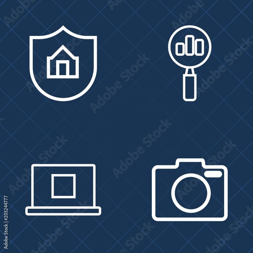 Premium set of outline vector icons. Such as digital, protection, concept, magnify, technology, camera, house, care, avatar, black, head, housing, focus, security, family, film, professional, lens