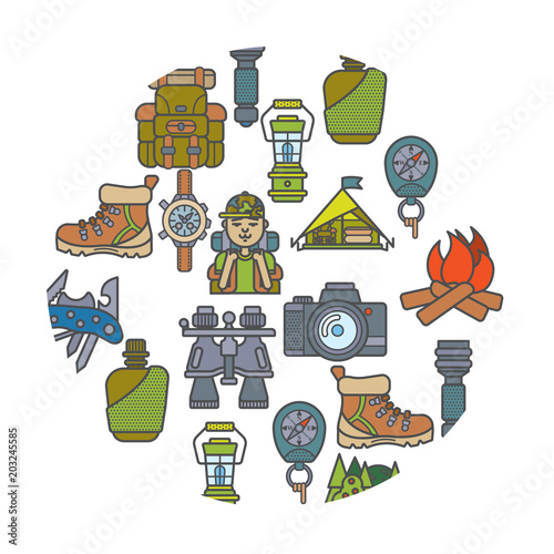 Hiking equipment and forest leasure vector icon set. Mountain hiking and trekking elements. Multitool, lantern, binocular, hiking boots, flask, flashlight, backpack, compass and etc. 
