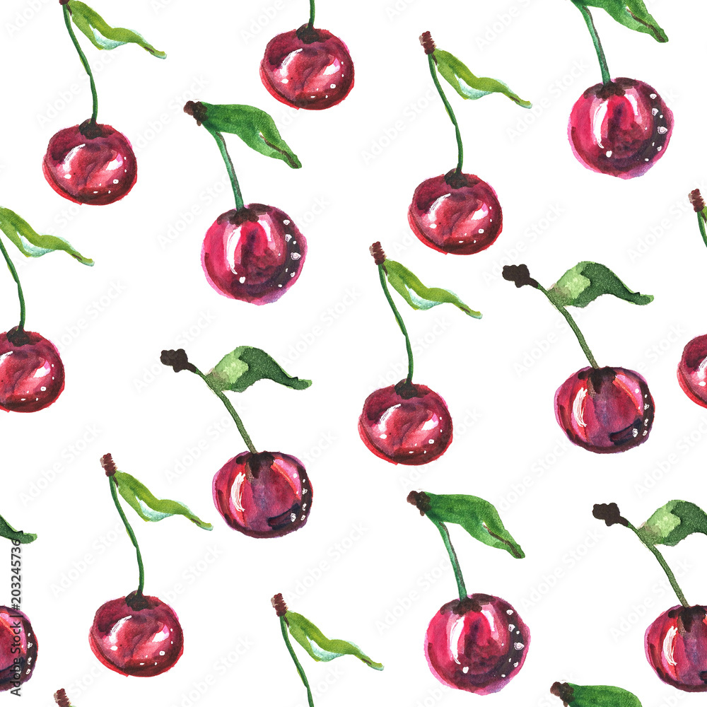 Seamless pattern with cherries. Watercolor illustration. Seamless pattern with cherries. Watercolor illustration.