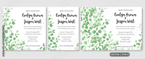 Wedding invite, invitation rsvp thank you card vector floral greenery design: evergreen leaf Eucalyptus branch, foliage herbs elegant frame border © OLEKSII