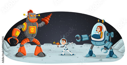 Astronaut cartoon children fighting a robot on the moon .Space background.
