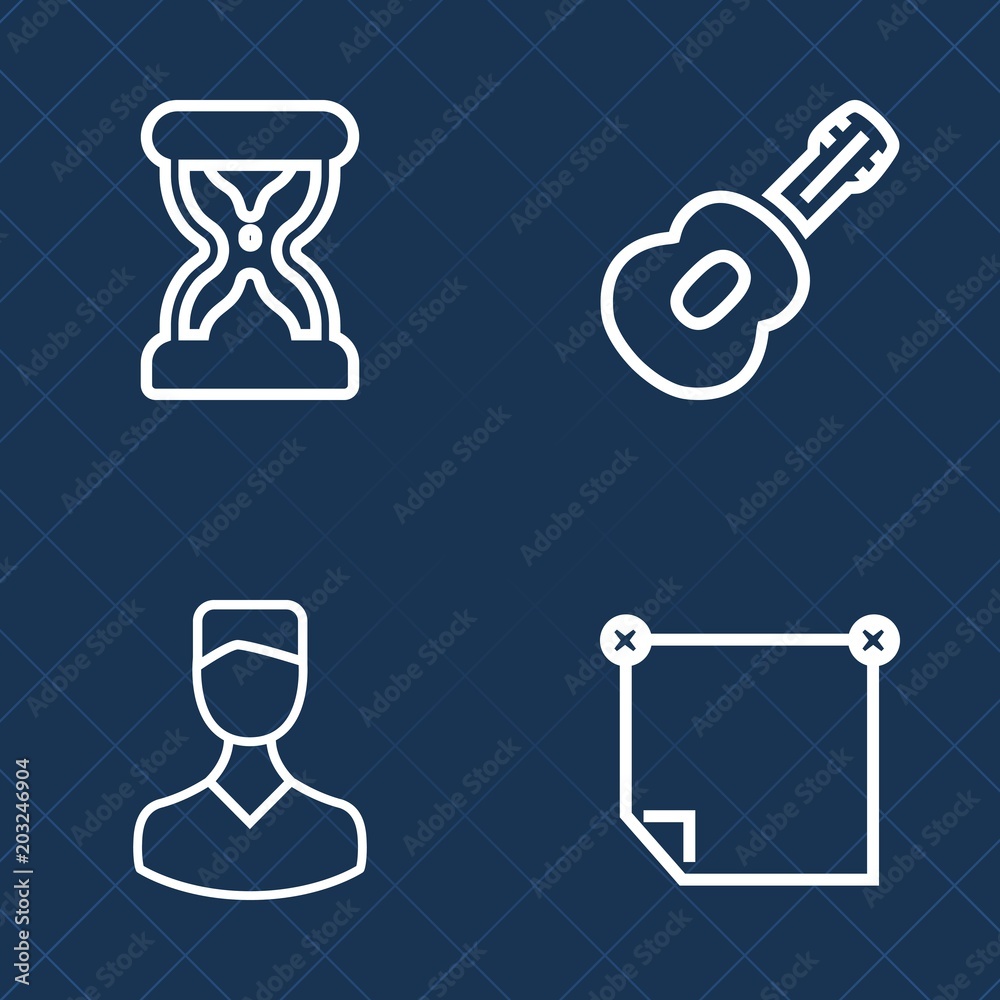 Premium set of outline vector icons. Such as sand, head, glass, clock, vintage, jazz, social, time, flow, human, stick, profile, board, business, people, note, antique, user, post, instrument, guitar