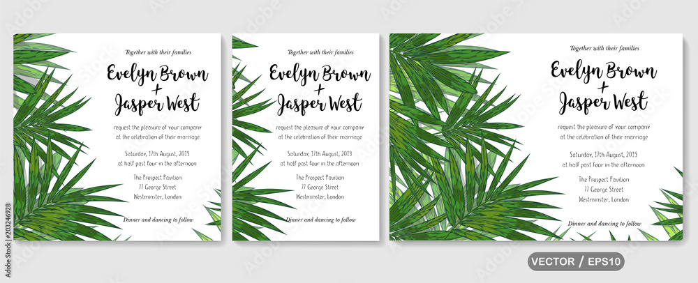 Wedding invite, invitation rsvp thank you card vector floral greenery design: tropical palm leaf howea (kentia) branch green, foliage herbs elegant frame border