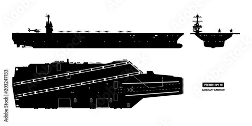 Silhouette of aircraft carrier. Military ship. Top, front and side view. Battleship model. Industrial drawing. Warship in flat style