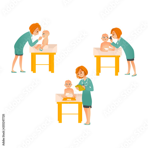 Female pediatrician examines baby on scheduled checkup set isolated on white background - doctor weighing child and checking his ears and throat with mouth in office, cartoon vector illustration.