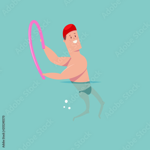 Aqua aerobics in pool. Man in a rubber cap doing aquagym exercise with foam tube. Vector cartoon fitness guy character isolated on a blue background. Healthy lifestyle illustration.