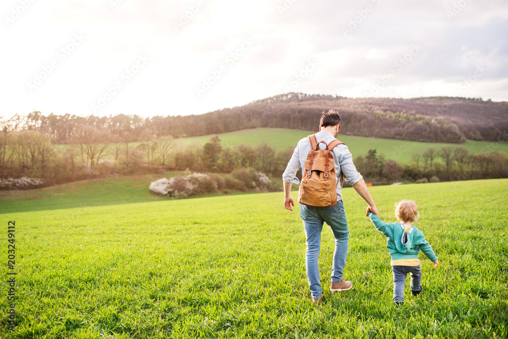 A father with his toddler son on a walk outside in spring nature.