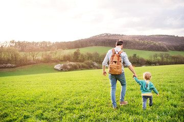 A father with his toddler son on a walk outside in spring nature.