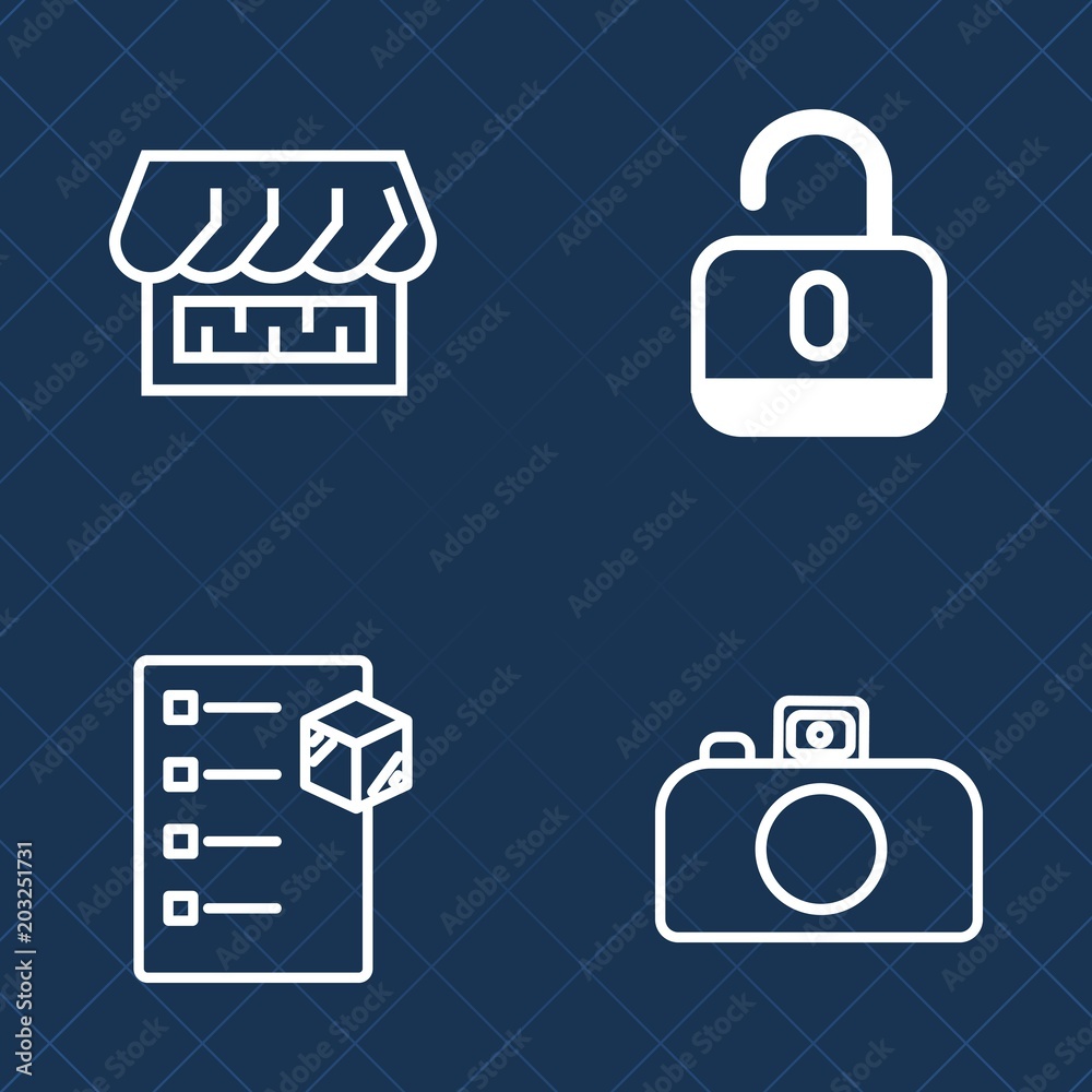 Premium set of outline vector icons. Such as store, curtain, modern, camera, front, truck, safe, checklist, flash, shipping, transportation, sign, delivery, secure, box, business, storefront, safety Premium set of outline vector icons. Such as store, curtain, modern, camera, front, truck, safe, checklist, flash, shipping, transportation, sign, delivery, secure, box, business, storefront, safety
