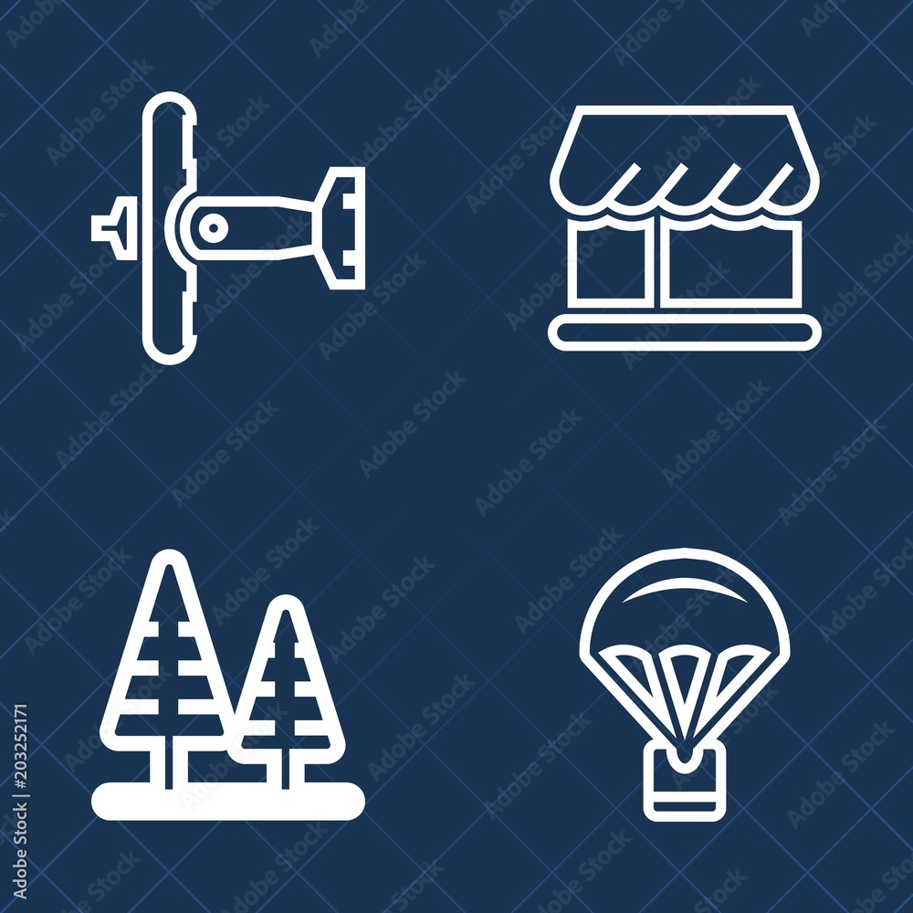 Premium set of outline vector icons. Such as parachute, transport, parachuting, wood, military, jump, market, shop, skydiver, aviation, landscape, storefront, airport, nature, pine, white, environment