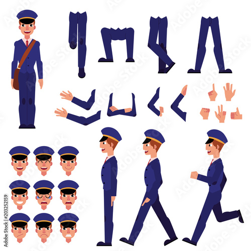 Cartoon postman creation set. Male character in professional uniform in various poses, gestures facial expressions. Cheerful delivery worker running standing walking. Vector illustration