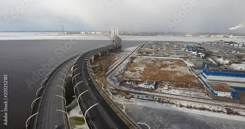 Highway construction. The new highway crossing the Gulf of Finland. Aerial drone
