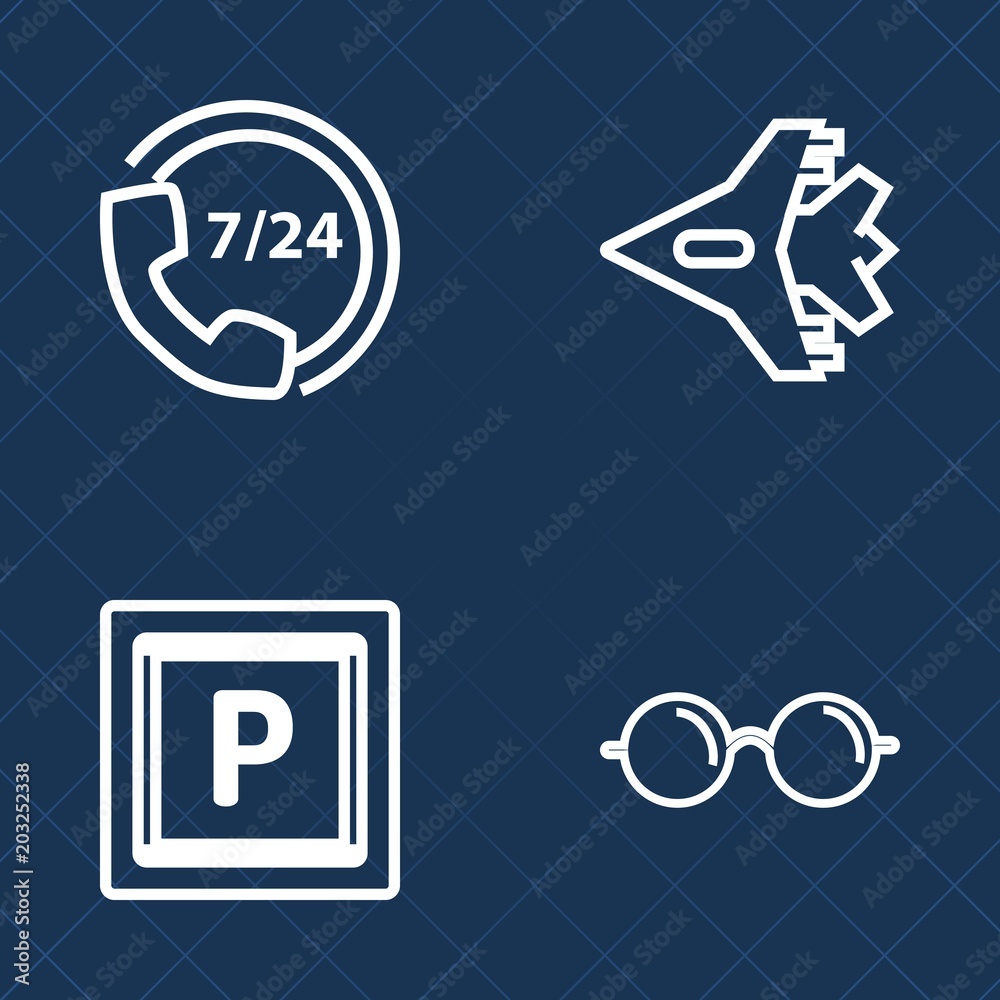 Premium set of outline vector icons. Such as helpline, jetliner, plane, business, service, car, assistant, customer, air, lot, lens, glasses, optical, eye, contact, street, headset, help, eyeglasses