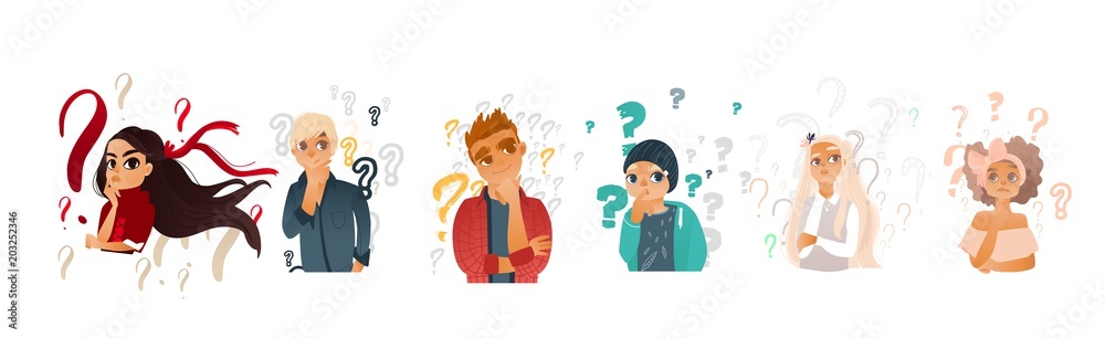 Cartoon teen people with questions set. Young caucasian women with ribbon in hair, men thinking. Male female characters standing thoughtful pose holding chin questions above head. vector illustration Cartoon teen people with questions set. Young caucasian women with ribbon in hair, men thinking. Male female characters standing thoughtful pose holding chin questions above head. vector illustration