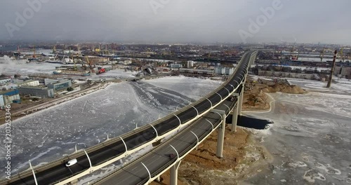 Highway construction. The new highway crossing the Gulf of Finland. Aerial drone