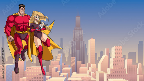 Full length illustration of happy super mom and super dad with super baby, flying in the sky over big city.