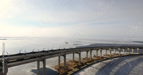 Highway construction. The new highway crossing the Gulf of Finland. Aerial drone