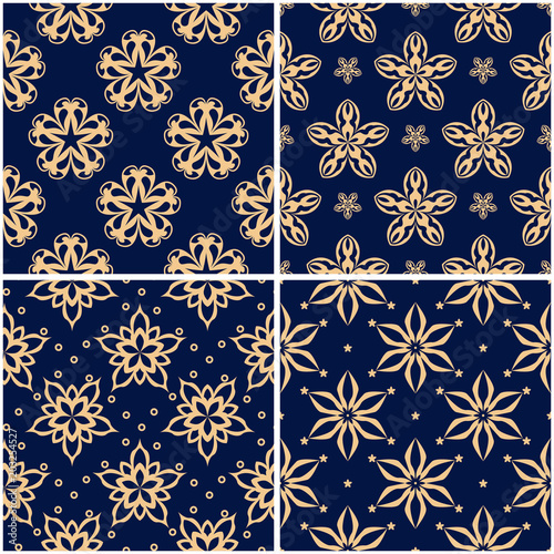 Floral patterns. Set of golden blue seamless backgrounds