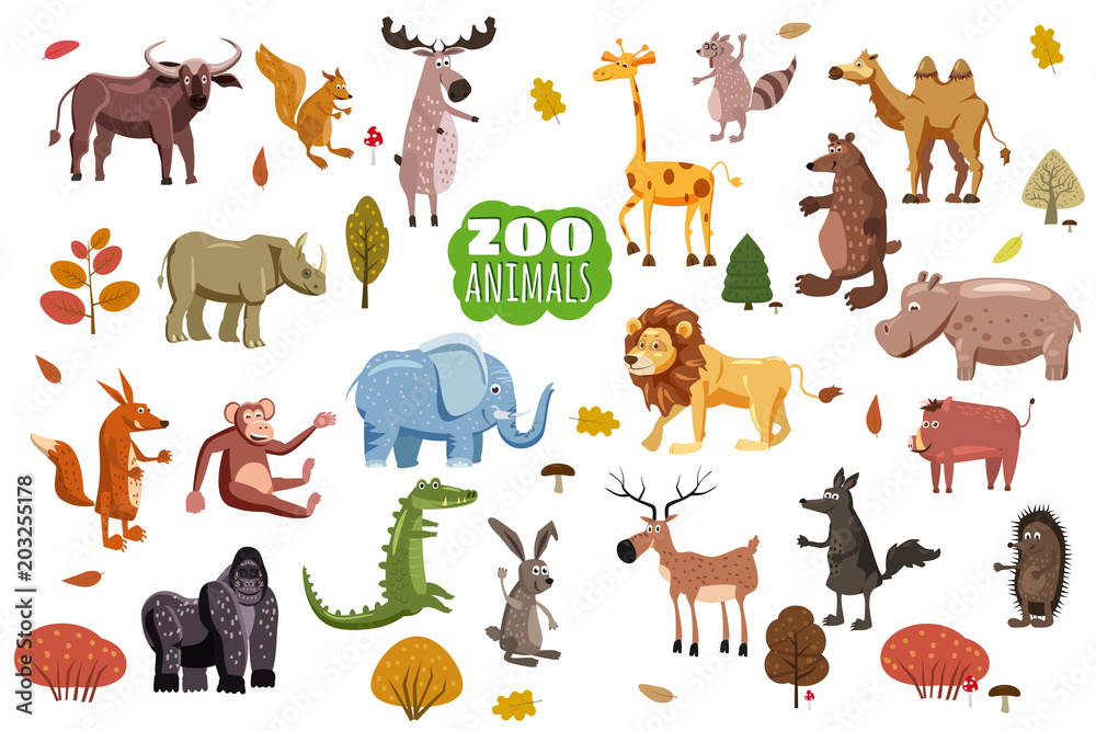 Big set of wild animals cartoon vectors. African, Australian, Asian, South and North American fauna predators and herbivorous species. Cartoon style, isolated