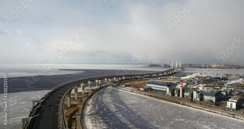 Highway construction. The new highway crossing the Gulf of Finland. Aerial drone