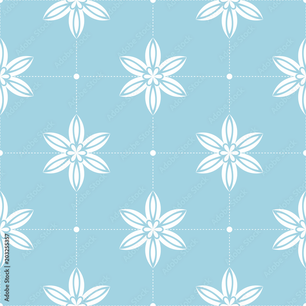 White flowers on blue background. Ornamental seamless pattern