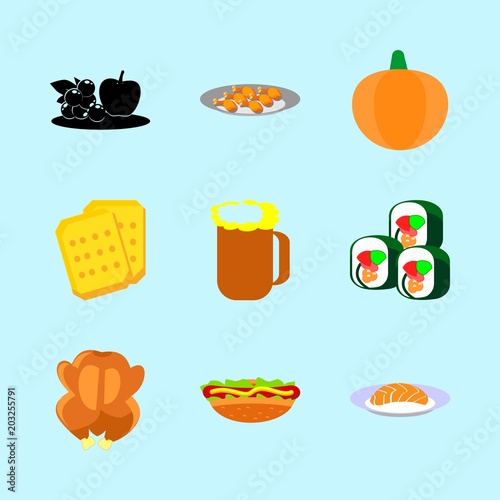 icons about Food with baked, menu, sushi rools, bite and sushi