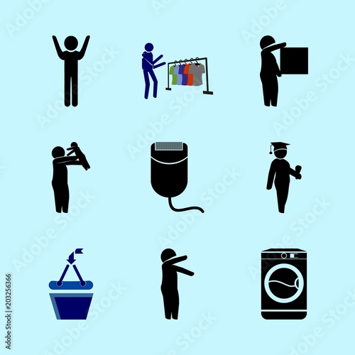 icons about Human with delivery, clean, event, epilator and shop