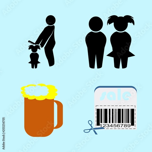 icons about Human with beer, mother and douther, sale, women and comb