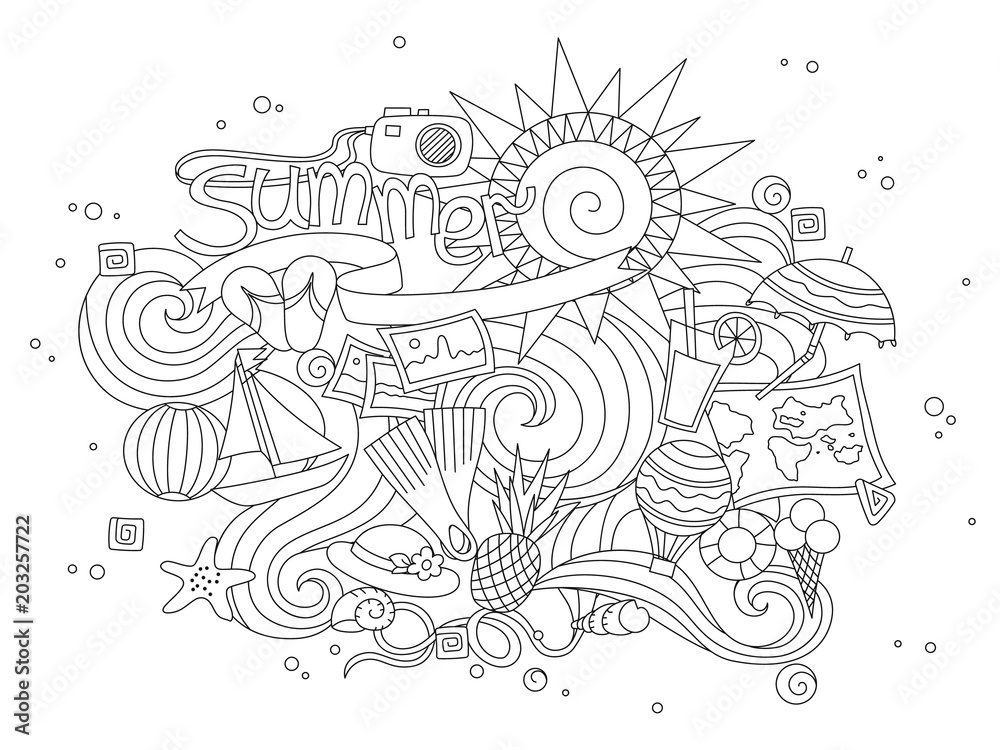 Summer black hand drawn thin line coloring book isolated on white background. Seasonal greeting with word Summer. Doodle summer card with floral elements. Vector Summer black hand drawn thin line coloring book isolated on white background. Seasonal greeting with word Summer. Doodle summer card with floral elements. Vector