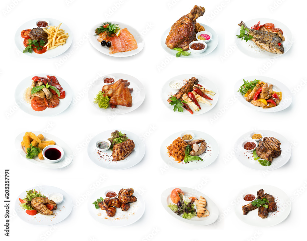Collage of restaurant dishes isolated on white Collage of restaurant dishes isolated on white