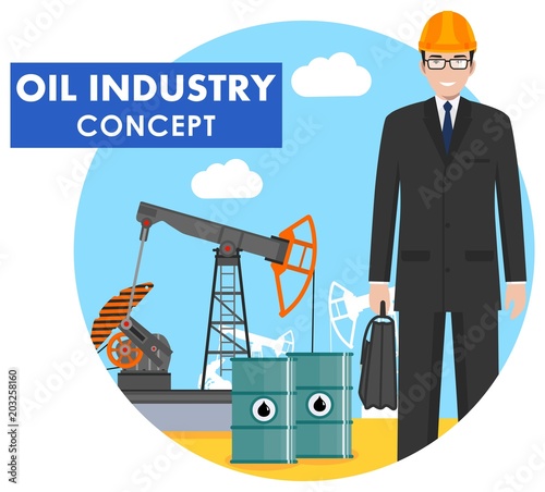Oil industry concept. Detailed illustration of engineer, businessman on background with oil pump and barrels with fuel flat style on white background. Vector illustration.
