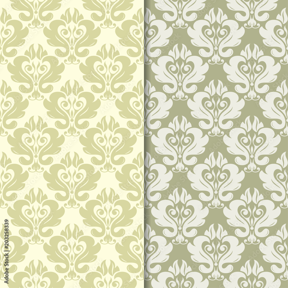 Olive green set of floral seamless patterns