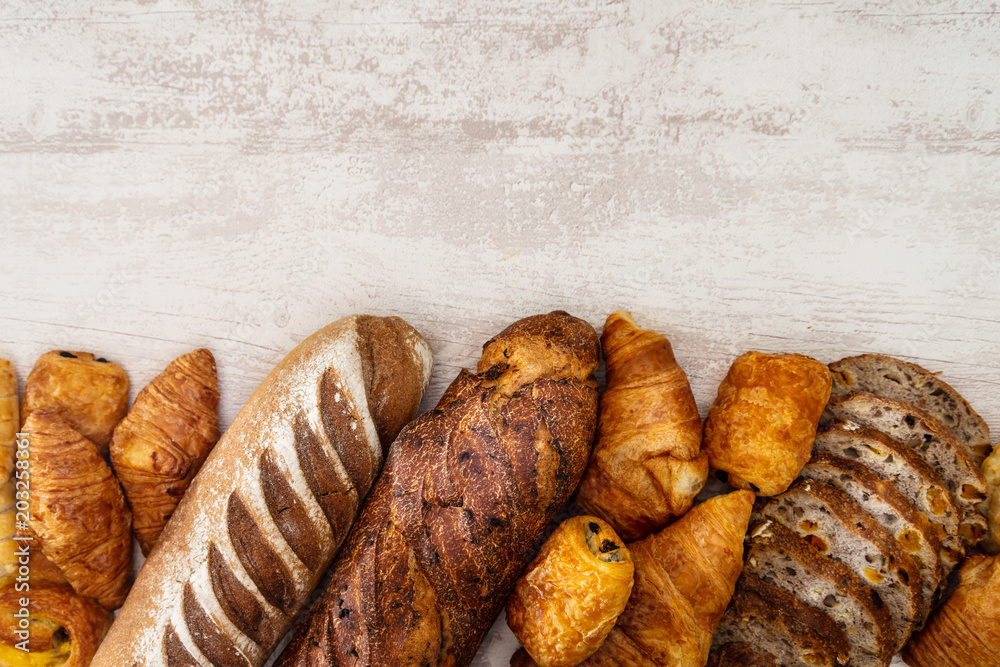 freshly baked French bread table background