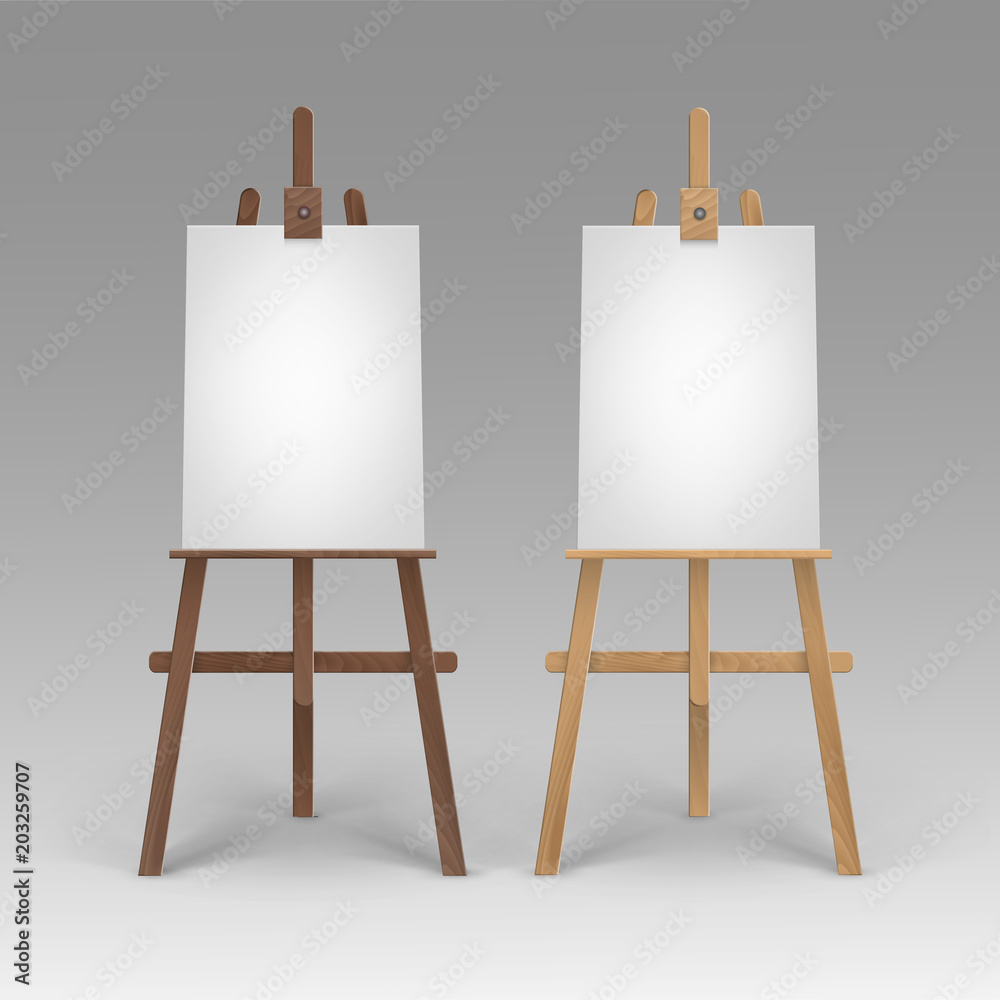 Vector Set of Wooden Brown Sienna Easels with Mock Up Empty Blank Vertical Canvases Isolated Vector Set of Wooden Brown Sienna Easels with Mock Up Empty Blank Vertical Canvases Isolated