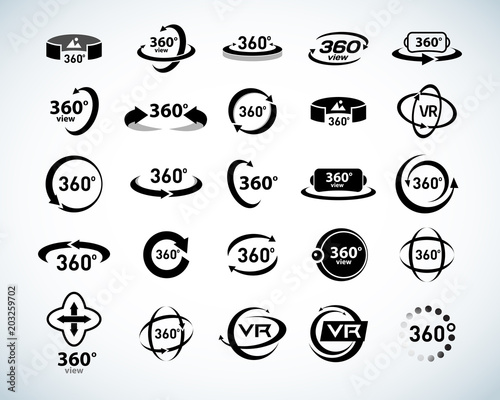 360 Degrees View Vector Icons set. Virtual reality icons. Isolated vector illustrations. Black and white version.