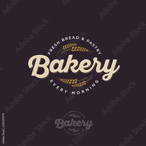 The bakery logo with spikelet. Bread and baking emblem. Vintage bakery logo. Gold and white inscription on a dark background.