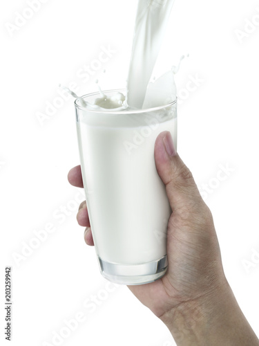 hand with glass of milk on a white background
