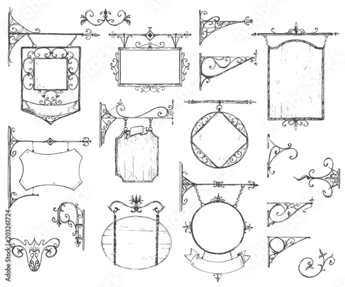 Vector hand drawn collection of vintage signboards, bracket and