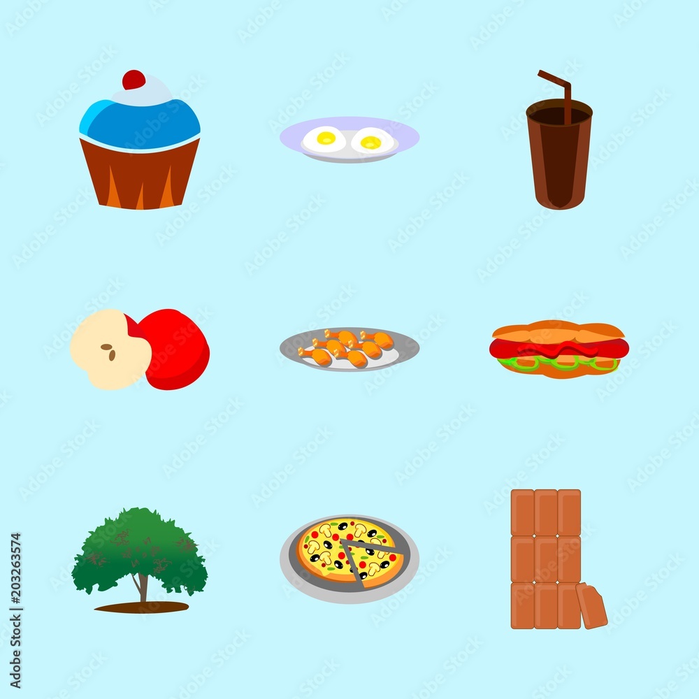 icons about Food with vitamin, dessert, fruit, omelette and hot chocolate