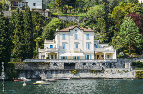 Quaint traditional waterfront houses on majestic Lake Como, Lombardy, Italy.