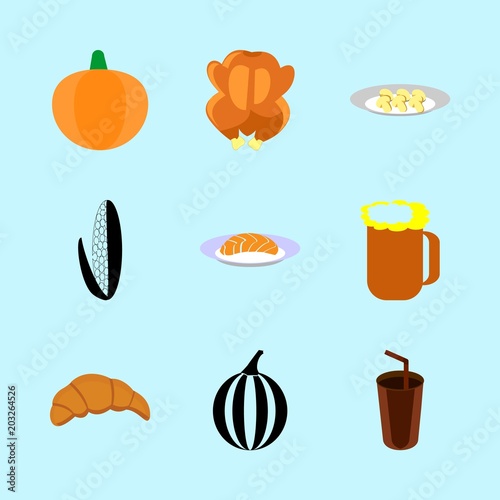 icons about Food with breakfast, kvass, gloomy, fruit and seafood