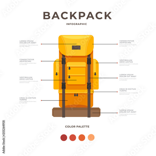 Infographics on topic of travel gear. Backpack for hiking. Travel and tourism concept.