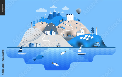 Magical summer landscape - green island with hills, roads, cars, castle, houses and trees, with mountains, balloon and clouds above and waving sea and striped houses on the coast.