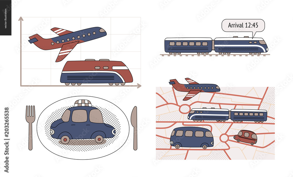 Naklejka From point A to point B a set of transportation planning concept - airplane and train timetable graphics, taxi service, city road map, train timetable